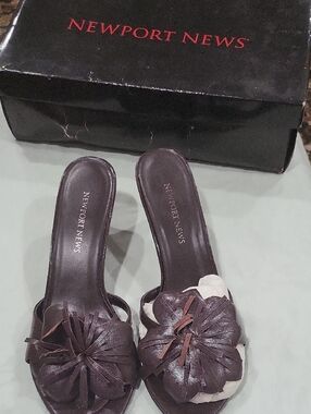 Newport News Dark Brown Floral Leather Slide Mules